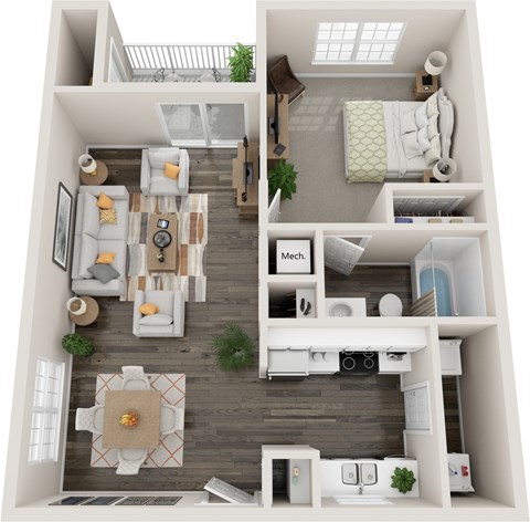 Floor plan for 1 bed, 1 bath, 735 sqft
